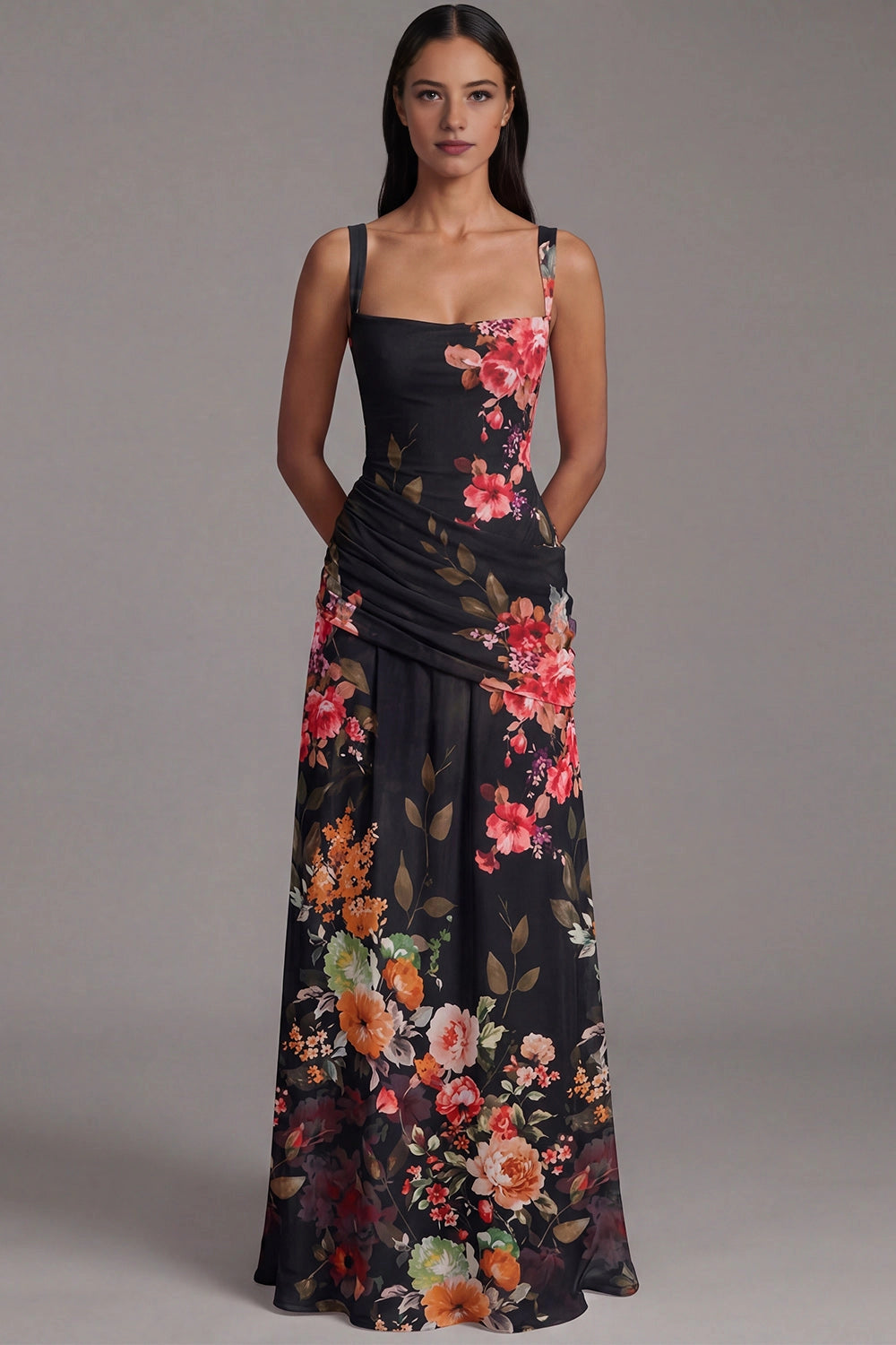 Printed Slip Square Neck Sleeveless Zip Back Maxi Wedding Guest Dress