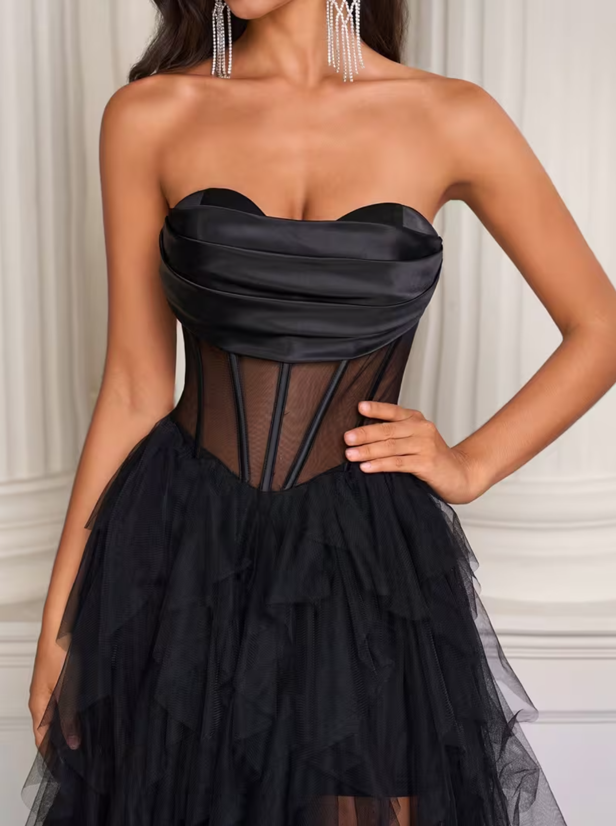 Elegante vestido de fiesta de cumpleaños con corsé sin tirantes, corte en A, estilo princesa, con abertura alta de tul, SIN guantes de terciopelo