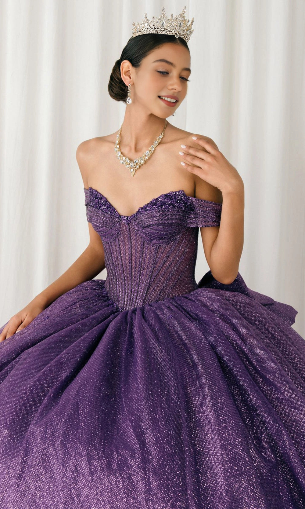 Luxurious Ball Gown Off‑Shoulder Short Sleeve Lace‑Up Back Cathedral Train Quinceanera Dress