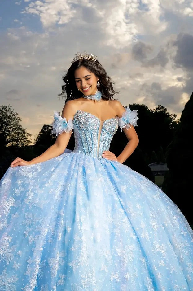 Lace Ball Gown Sweetheart Off Shoulder Flower Corset Back Train Quinceañera Dress