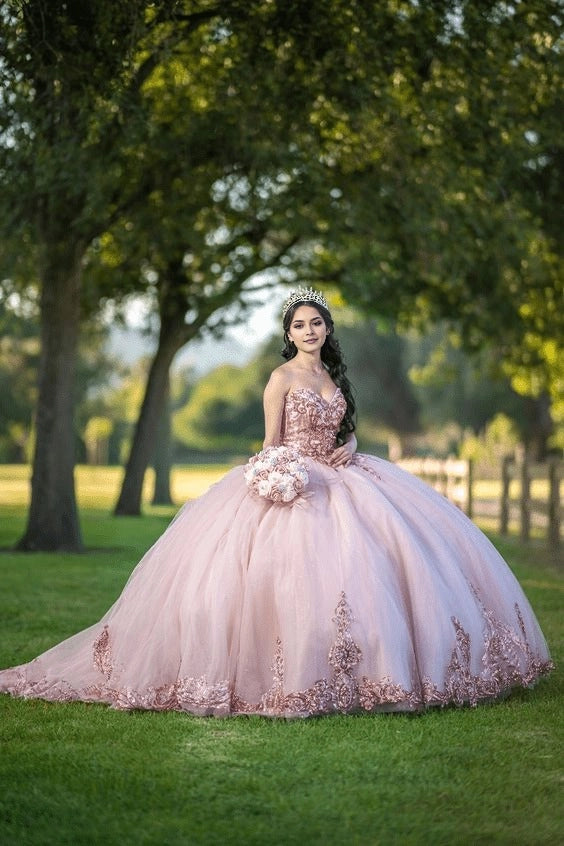 Blush Pink Strapless Rose Gold Sequin Lace Up Back Quinceañera Dress