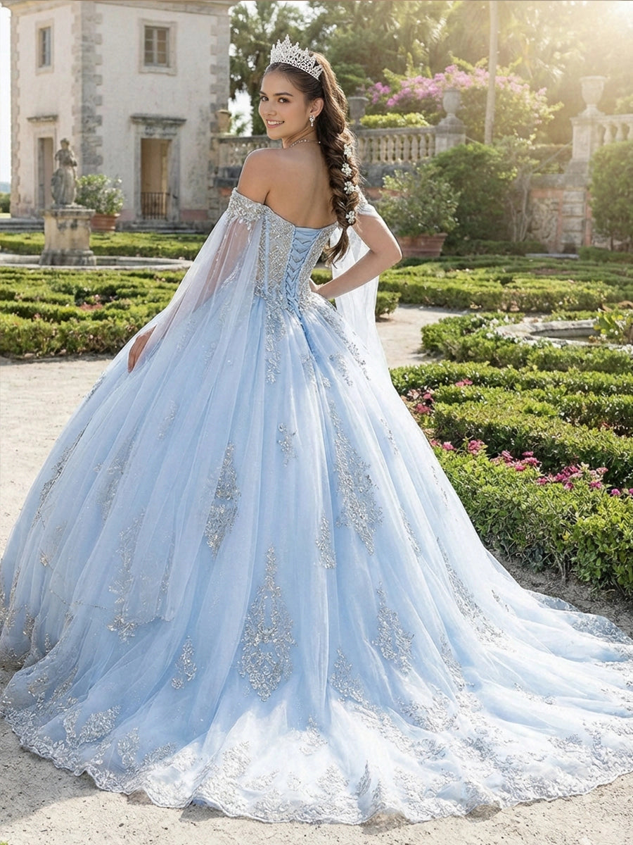 Vedress light blue tulle quinceanera gown off shoulder sheer cape sleeves lace-up corset back full skirt with train silver beaded appliques back view