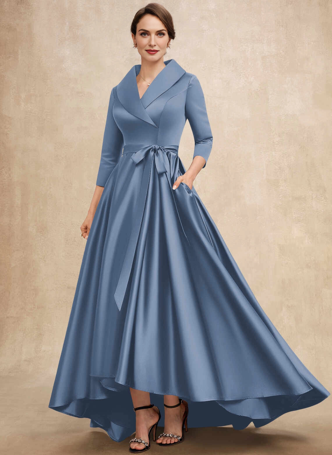 Formal A‑Line Lapel V‑Neck 3/4 Sleeve Zipper Back High‑Low Mother Of The Bride Dress