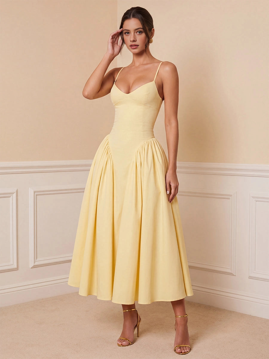 Chic A‑Line Spaghetti Strap V‑Neck Lace‑Up Back Midi Prom Dress