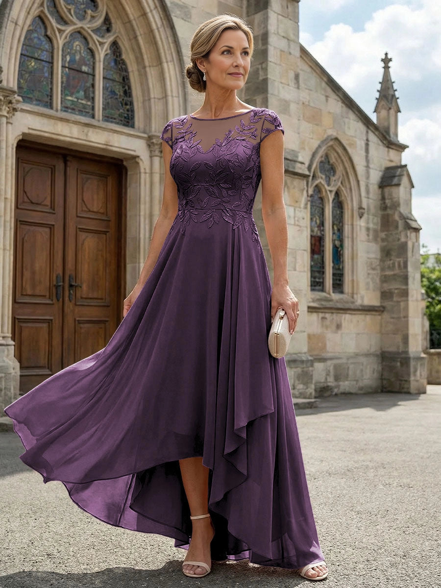 Delicate A‑Line Illusion Neck Cap Sleeve V‑Back High‑Low Mother Of The Bride Dress