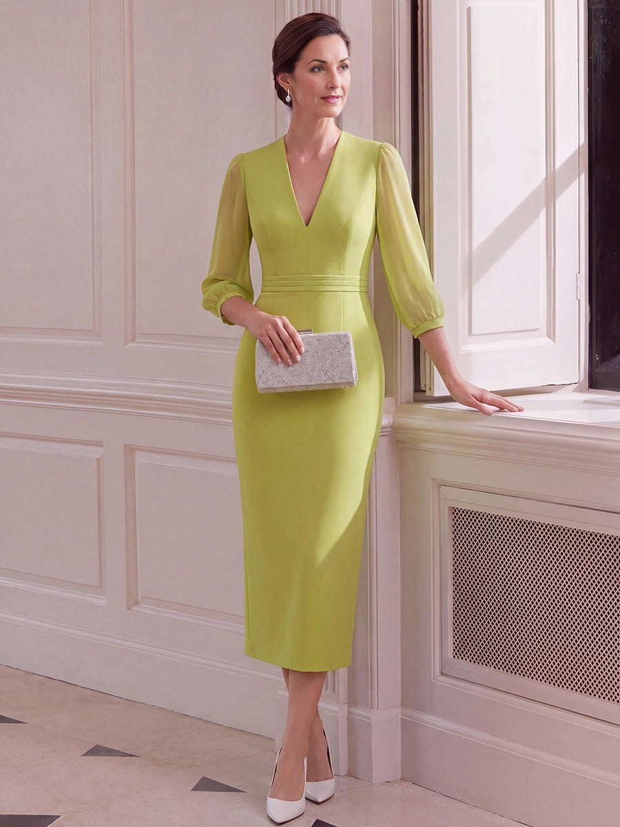 Lime Sheath V‑Neck Chiffon 3/4 Sleeve Midi Mother of the Bride Dress