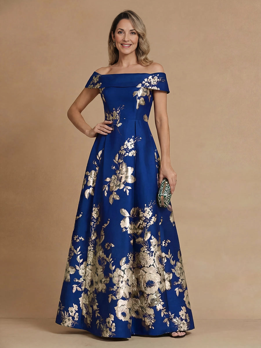 Elegant A‑Line Off‑The‑Shoulder Short‑Sleeve Zip‑Back Long Mother Of The Bride Dress
