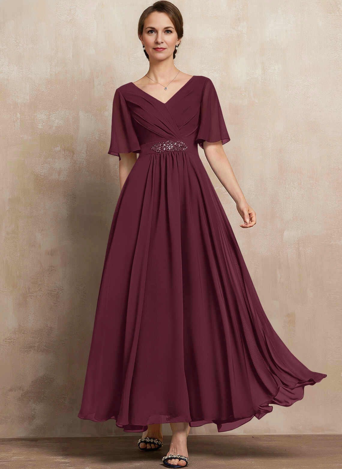 Classic A‑Line V‑Neck Flutter Sleeve Zipper Back Long Mother Of The Bride Dress