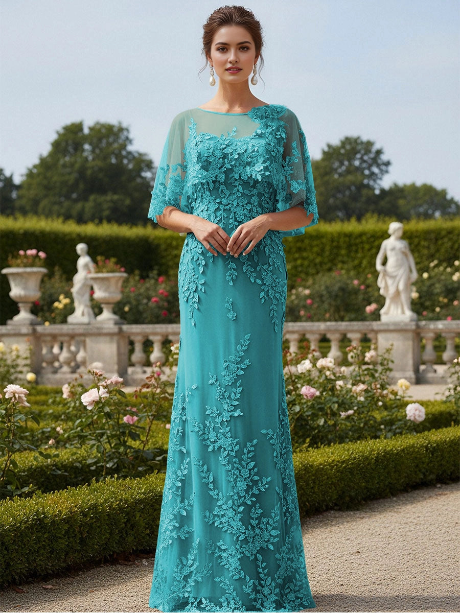 Luxury Mermaid Bateau‑Neck Cape‑Sleeve Sheer‑Back Maxi Mother Of Bride Dress
