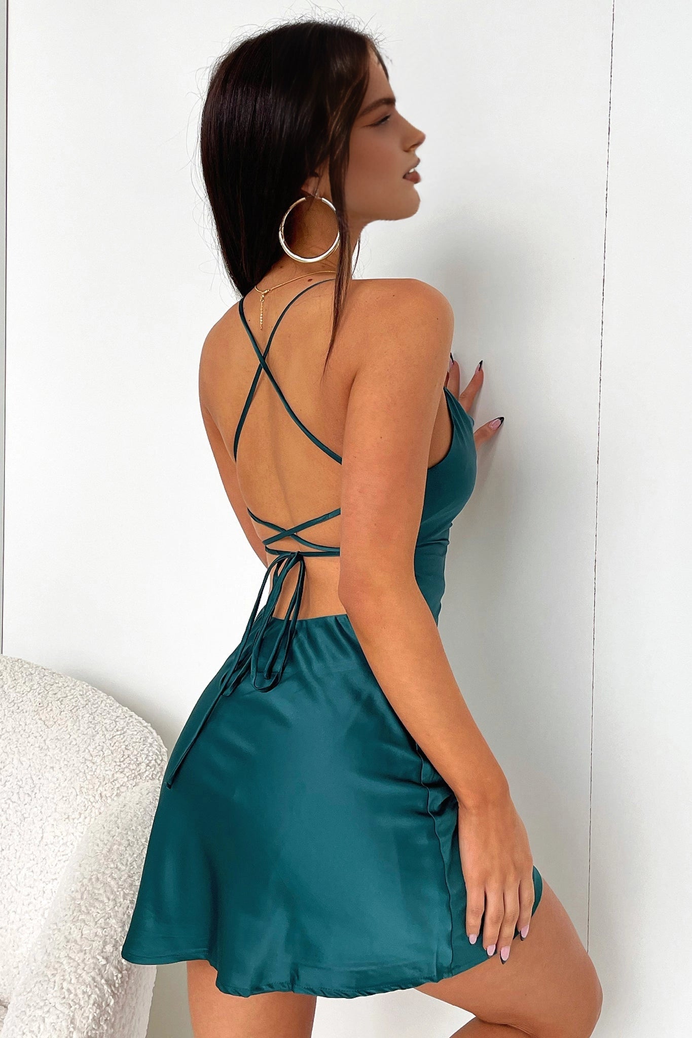 Satin Slip Square Neck Criss Cross Tie Back Mini Homecoming Dress