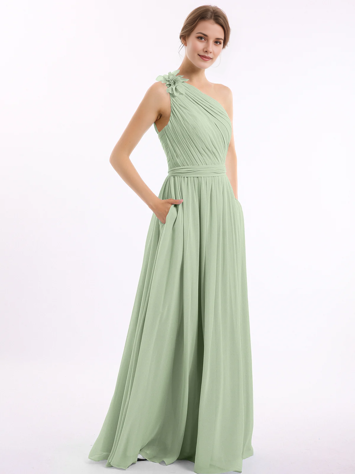 One Shoulder 3D Flower Ruched Chiffon Bridesmaid Maxi Dress with Pockets & Open Back Sash