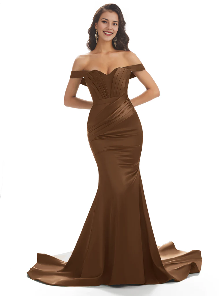 Vestido de noche largo de satén con escote corazón, fruncido, tipo sirena, con hombros descubiertos y cola
