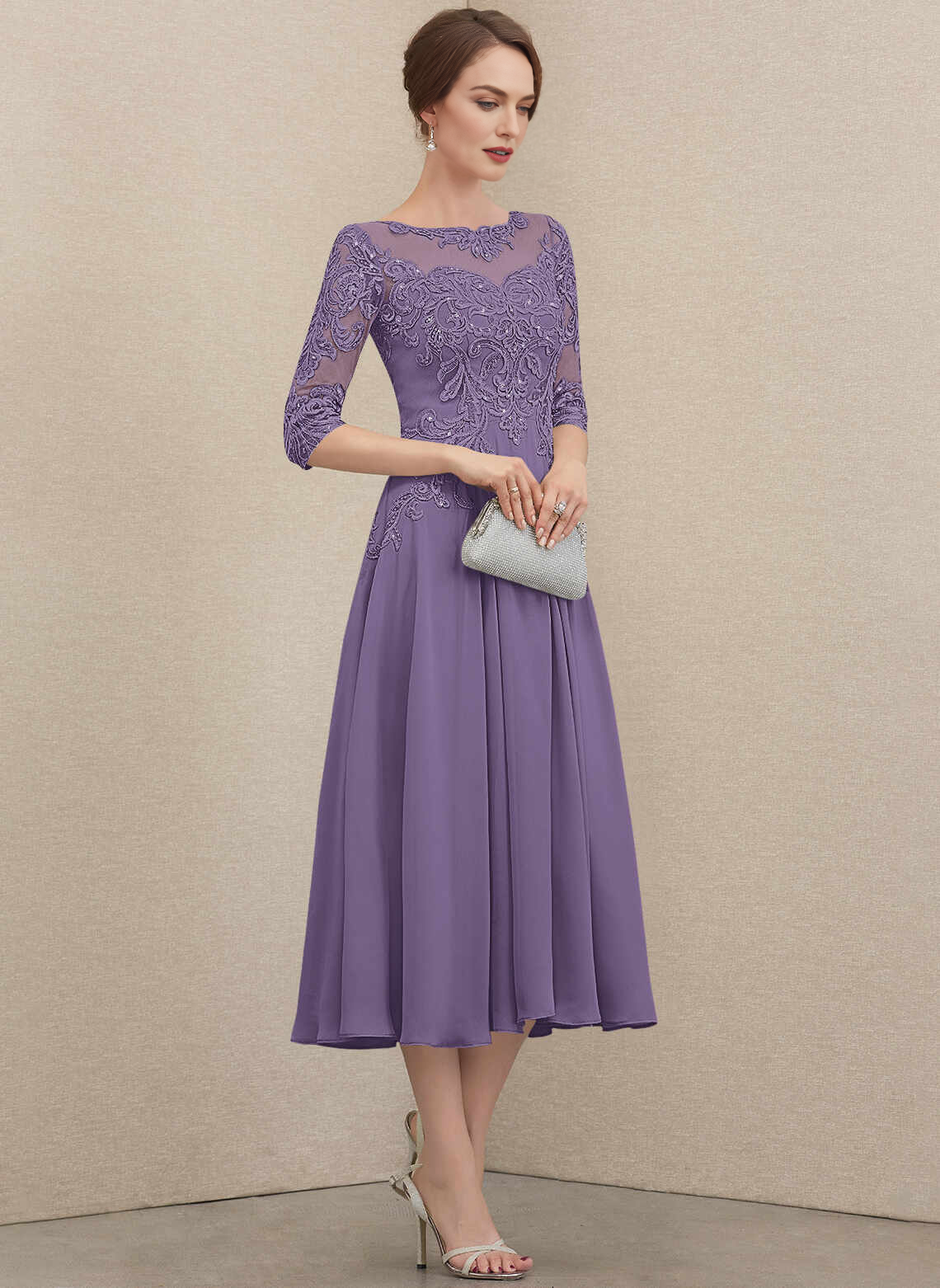 Chic A‑Line Illusion Neck Lace 3/4 Sleeve Zipper Back Midi Mother Of The Bride Dress