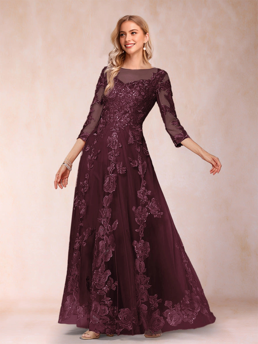 Romantic A‑Line Illusion Round‑Neck 3/4‑Sleeve Keyhole‑Zip‑Back Floor‑Length Mother Of The Bride Dress