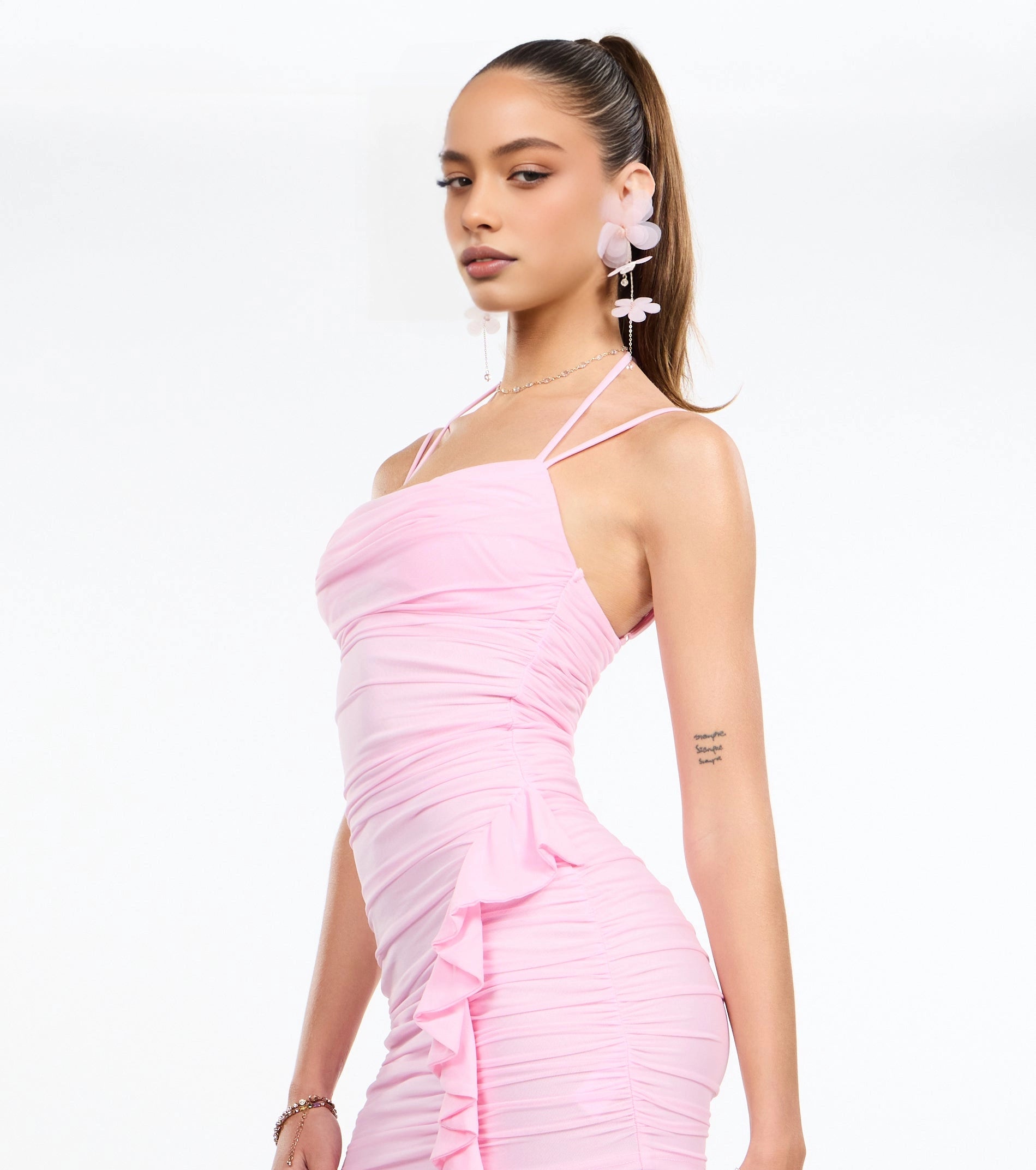 Sweet Bodycon Halter Sleeveless Tie Back Ruffle Mini Homecoming Dress