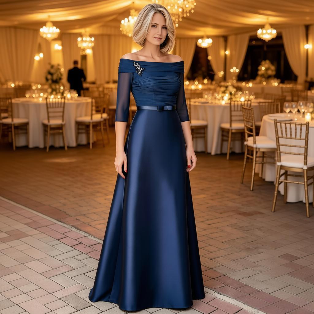 Elegant Off-the-Shoulder Satin A-Line Evening Gown with 3/4 Sheer Sleeves – Formal Dress for Mother of the Bride, Galas & Black-Tie Events