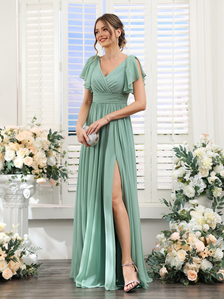 A-Line Chiffon V-Neck Short Sleeves Wedding Guest Bridesmaid Dresses with Split Side & Pockets