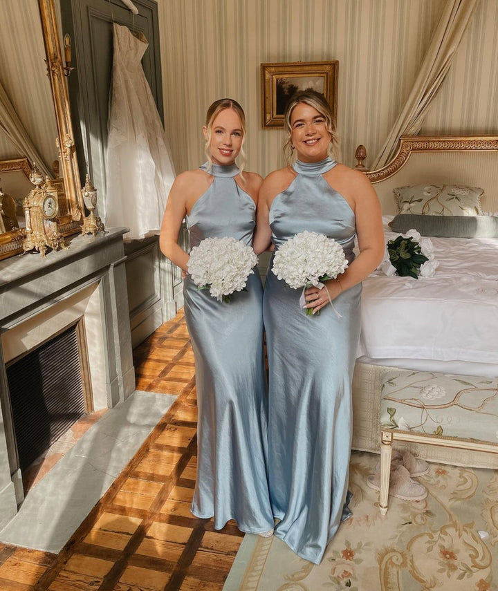 Halter Neck Satin Bridesmaid Dress Satin Column Gown with Keyhole Cutout Bohemian Wedding Evening Gown