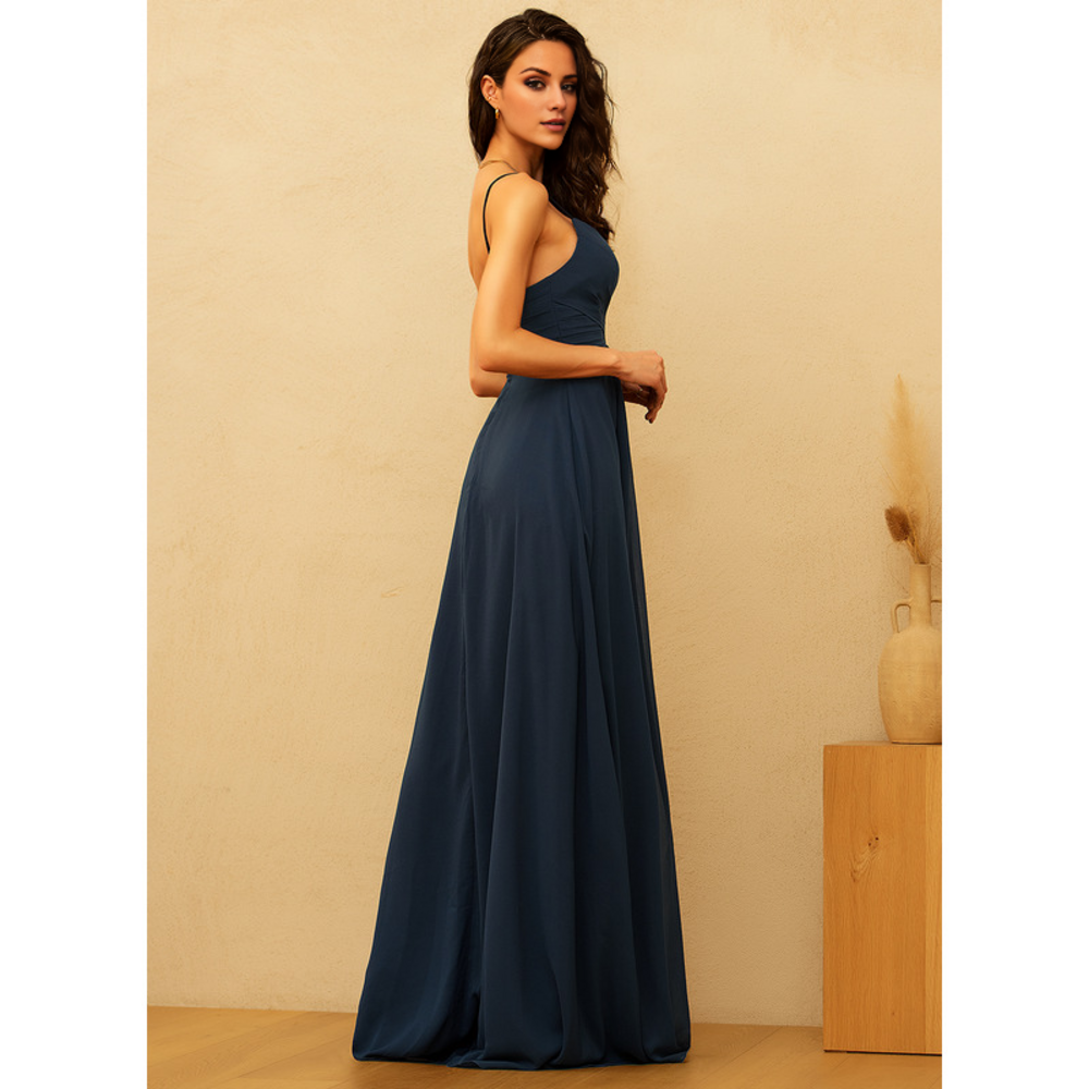 Spaghetti Strap V-Neck Chiffon Bridesmaid Dress - A-Line Floor-Length Formal Gown for Wedding Guest
