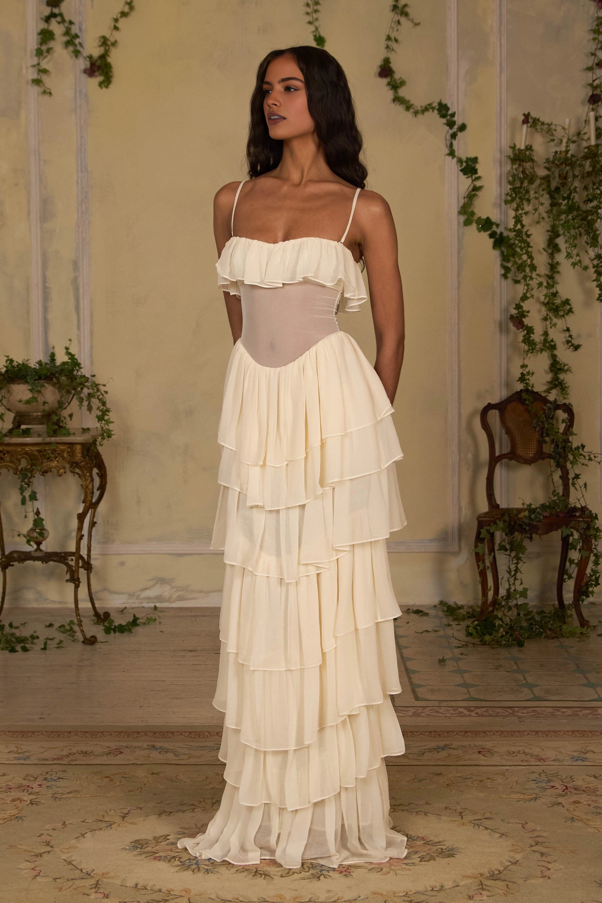 Cream Chiffon A‑Line Strapless Ruffled Lace‑Up Back Tiered Floor‑Length Prom Dress