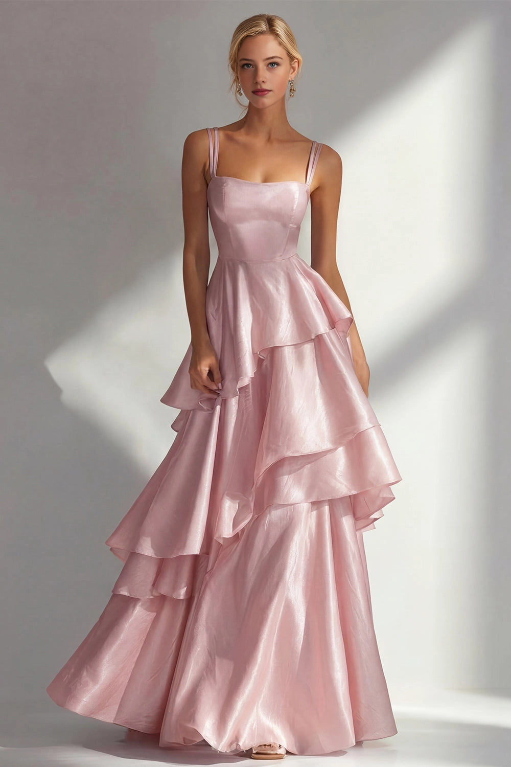 Shiny A Line Square Neck Straps Open Back Tiered Maxi Wedding Guest Dress