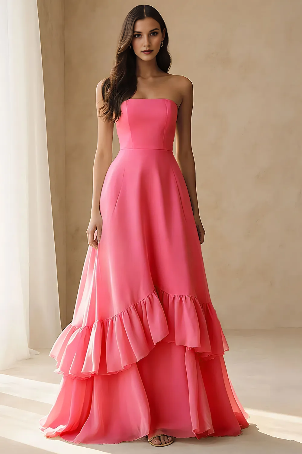 Strapless Tiered Ruffle Chiffon A-Line Formal Evening Gown