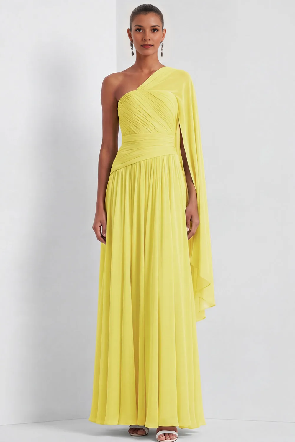 One Shoulder Draped Cape Sleeve Pleated Chiffon A-Line Maxi Bridesmaid Formal Dress