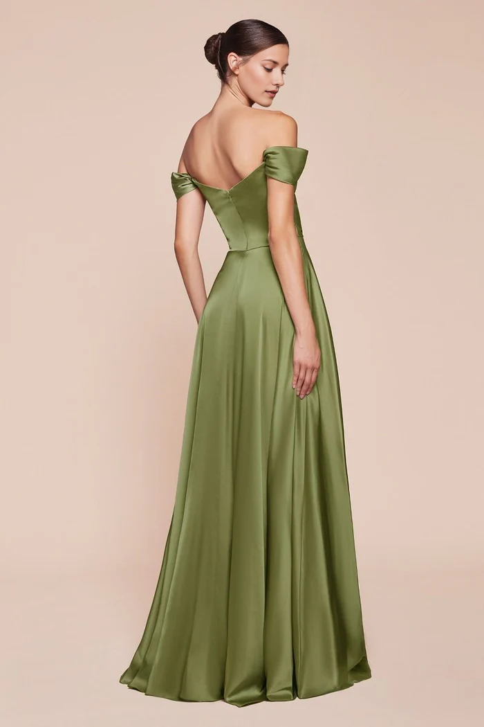 Vestido de Noche de Satén A-Line con Hombros Descubiertos y Abertura Alta - Vestido Formal de Fiesta y Dama de Honor