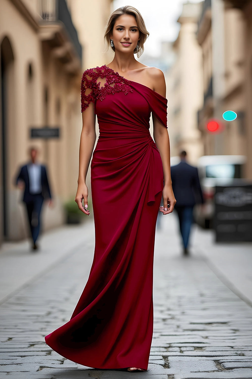 Mermaid One Shoulder Lace Sleeve Long Wedding Guest Dress