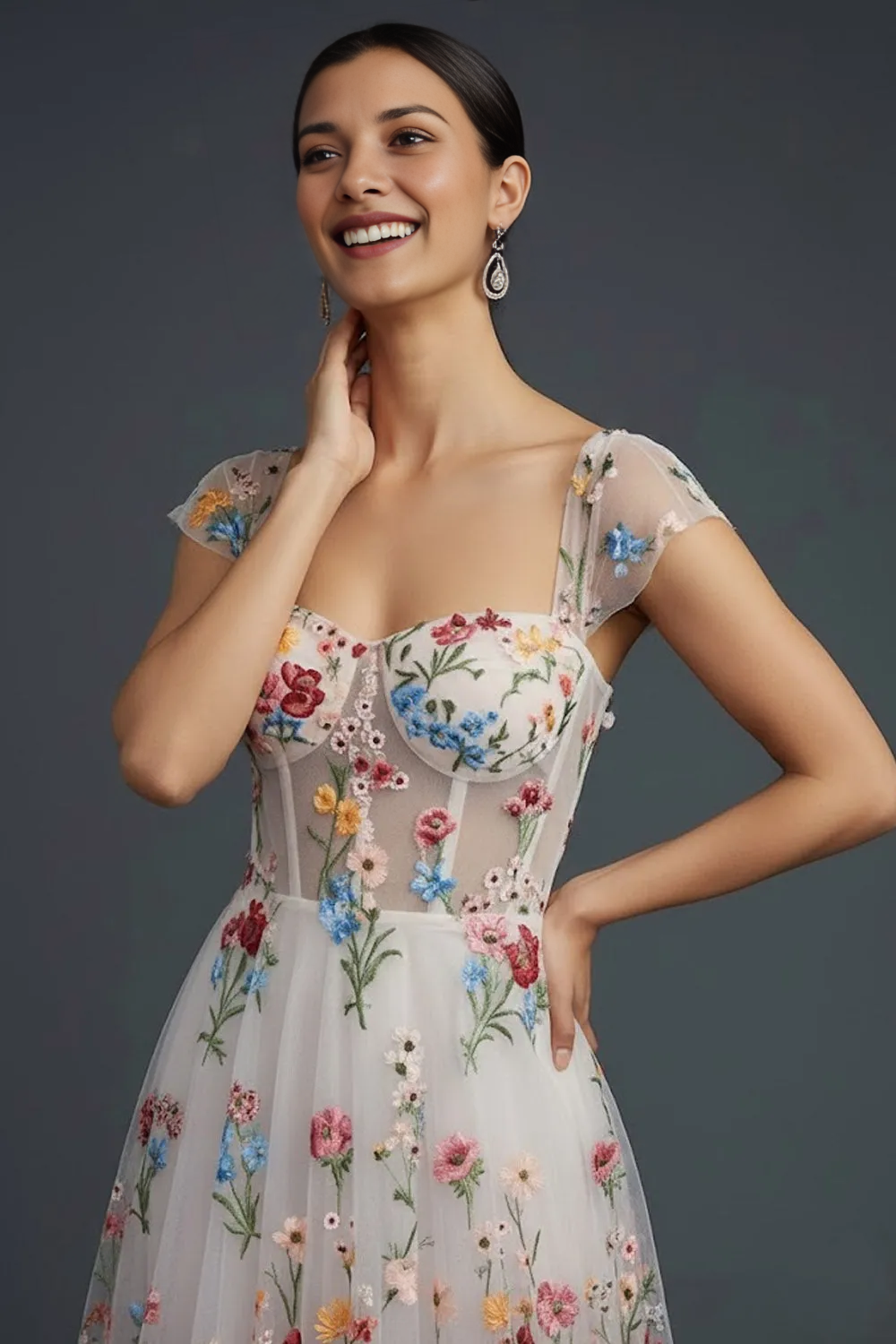Sweetheart Cap Sleeve Floral Embroidered Tulle Corset A-Line Maxi Dress