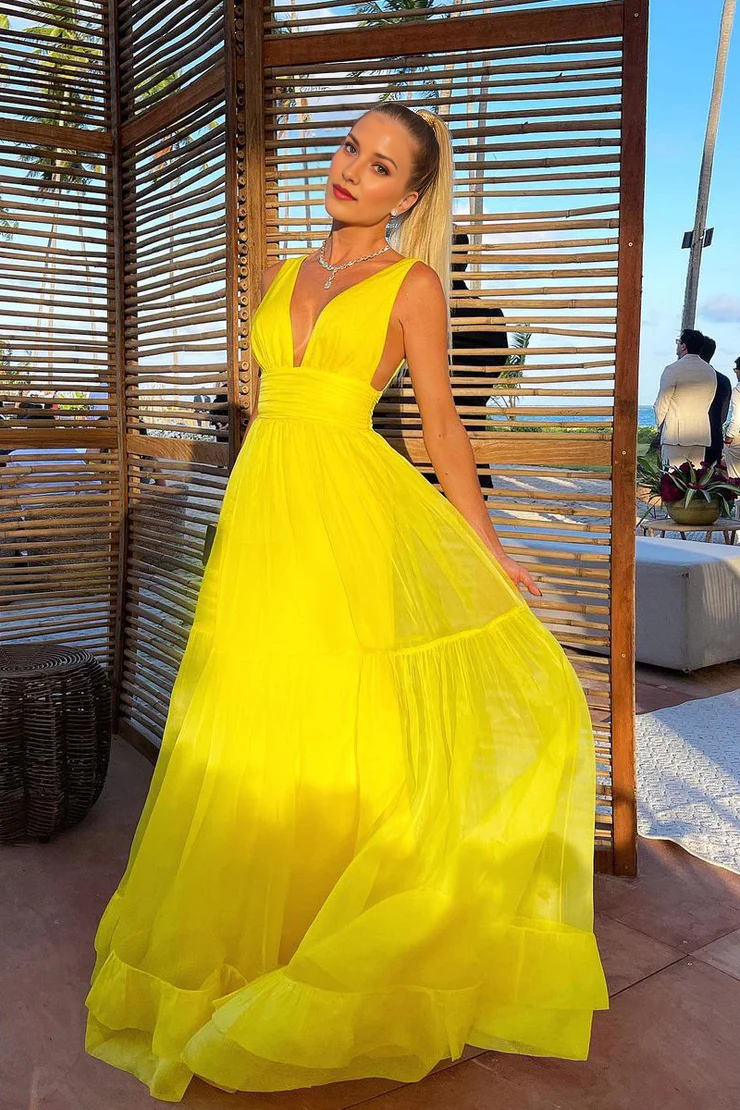Deep V-Neck Sleeveless Tiered Chiffon Floor-Length Maxi Dress