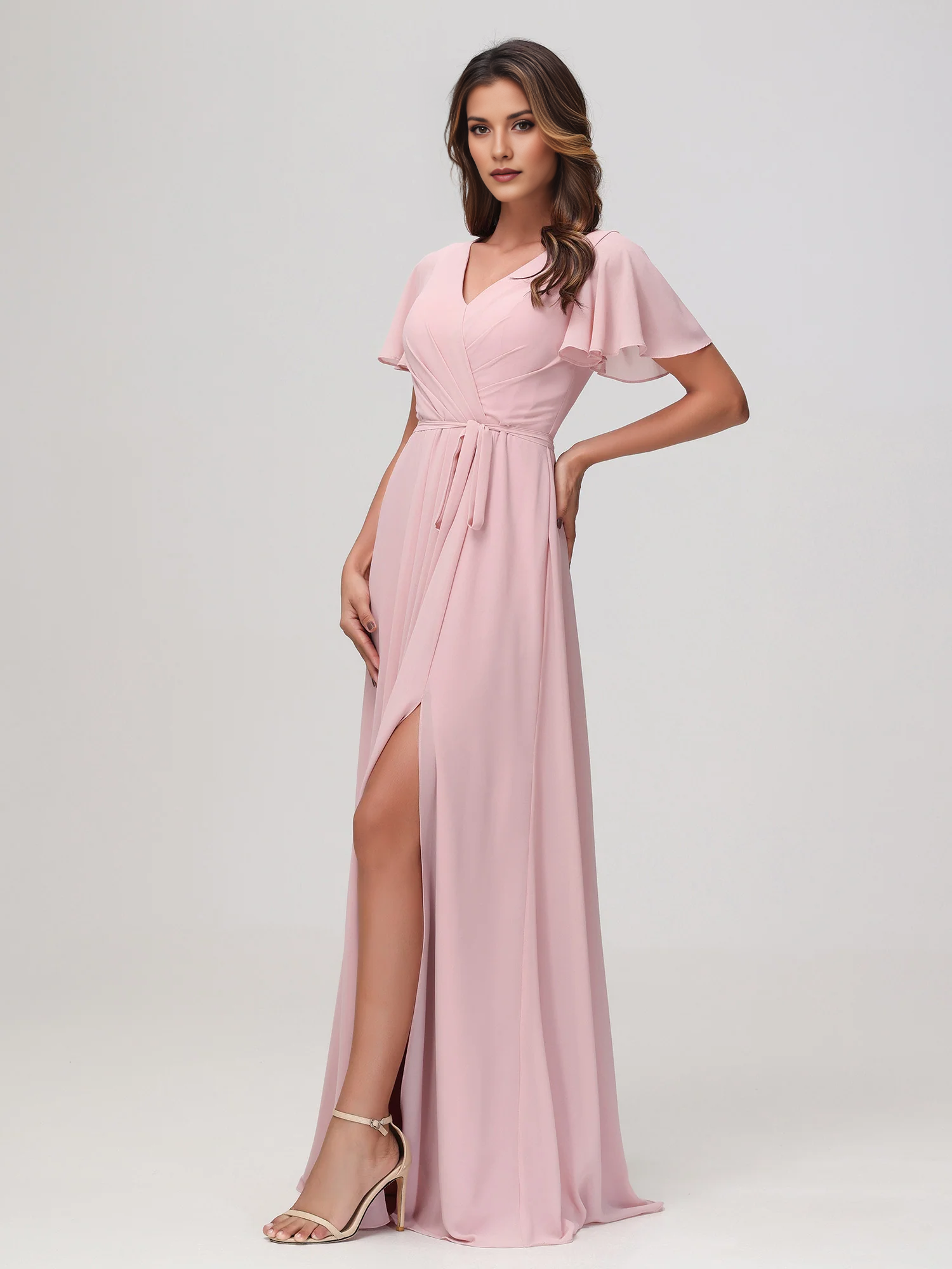 Flutter Sleeve Chiffon V-Neck Bridesmaid Dress with Waist Tie & High Slit