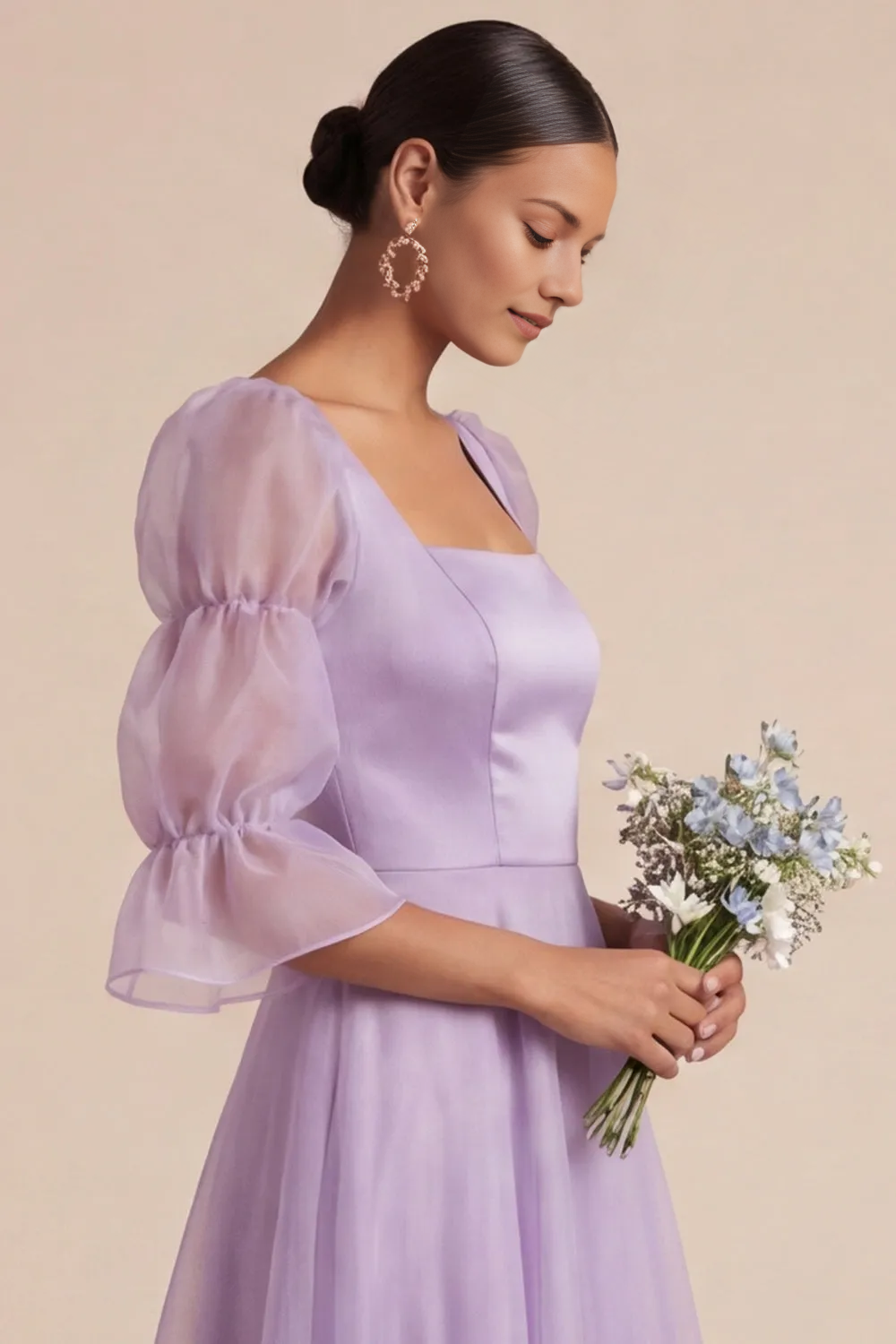Square Neck Puff Organza Sleeve A-Line Tulle Bridesmaid Maxi Dress