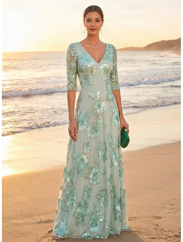 V-Neck 3/4 Sleeve Sequin Floral Appliqué Tulle A-Line Floor-Length Mother of the Bride Evening Dress