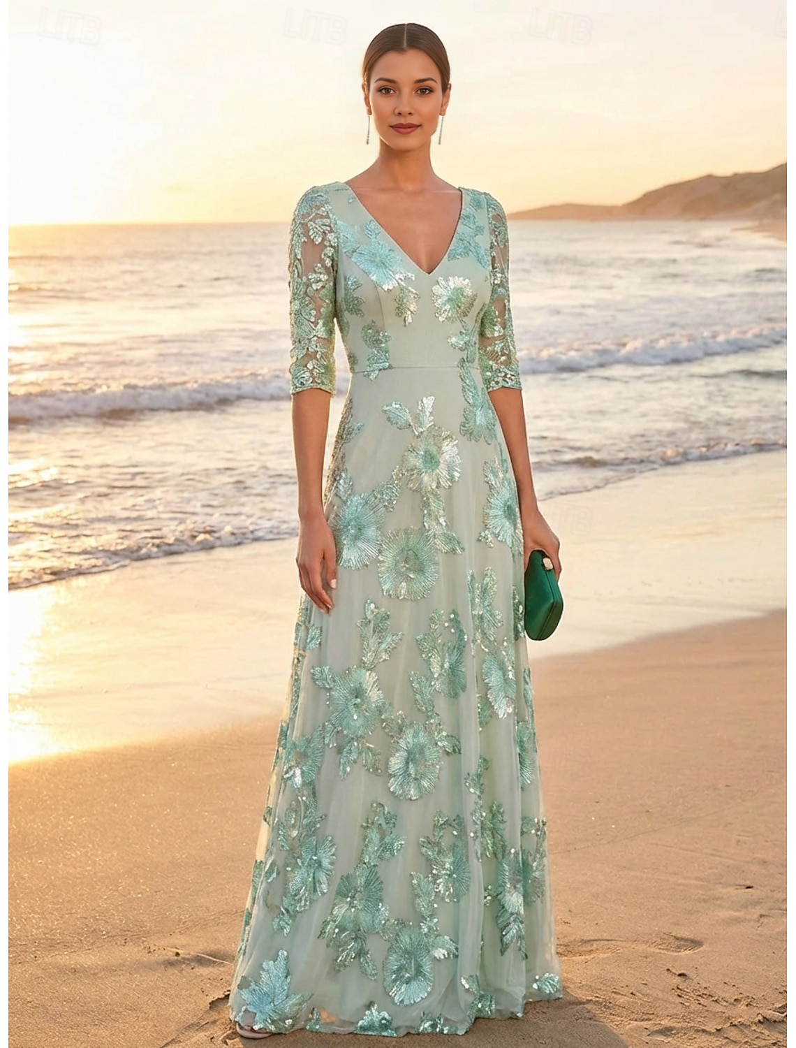 V-Neck 3/4 Sleeve Sequin Floral Appliqué Tulle A-Line Floor-Length Mother of the Bride Evening Dress
