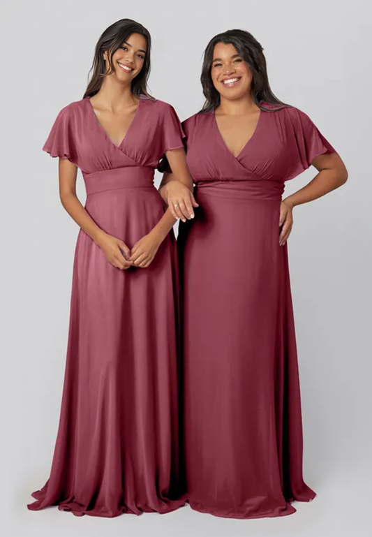 Elegant A-Line V-Neck Flutter Sleeve Zippered Back Bridesmaid Dresses Flared Sleeve Evening Gown