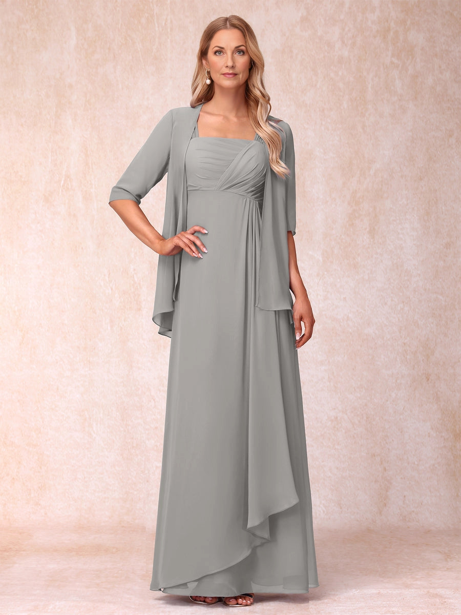 Elegant A Line Square Neck 3/4 Sleeve Open Back Floor Length Mother Of The Bride Dress