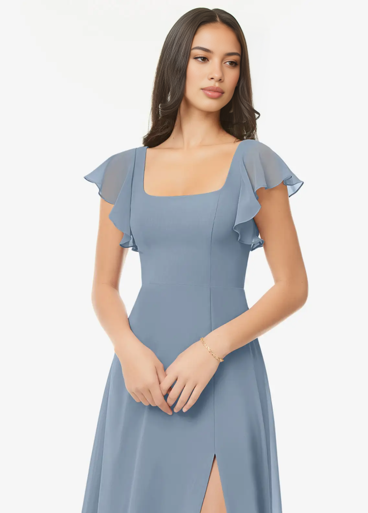 Elegant Square Neck Flutter Sleeve Maxi Dress with High Side Slit A-Line Formal Gown Bridesmaid Dresses