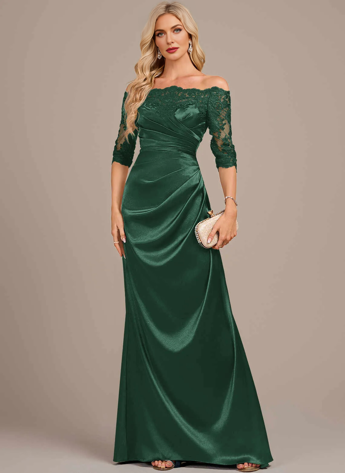 Glam Mermaid Off‑The‑Shoulder Lace 3/4 Sleeve Zipper Back Floor‑Length Mother Of The Bride Dress
