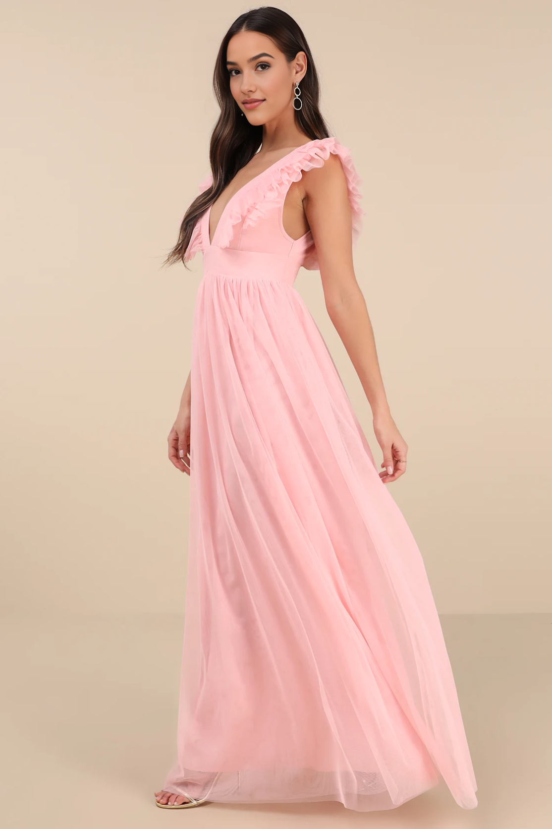 Women's Sleeveless V-Neck Maxi Dress with Ruffled Off-the-Shoulder Flowing Mesh Bridesmaid Dresses