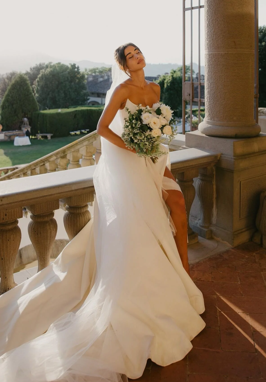 Charming A Line Strapless White Satin Long Wedding Dress with Slit Timeless Strapless Ball Gown for Garden & Outdoor Weddings