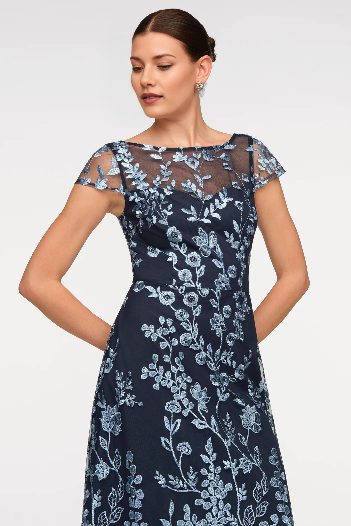 Refined A-Line Illusion Jewel Neck Cap Sleeve Embroidered Tulle Wedding Guest Dress Formal Dress