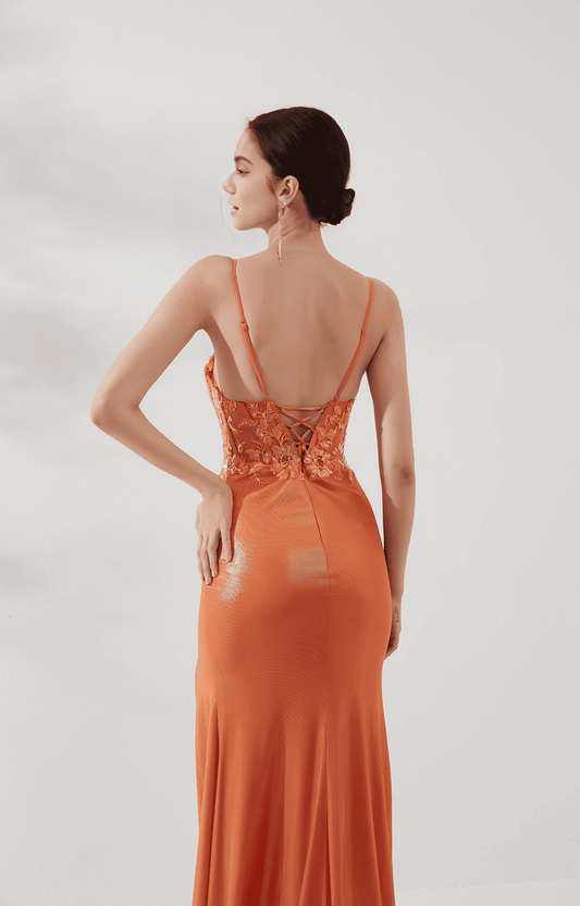 Elegant Mermaid V-Neck Spaghetti Strap Lace Prom Dresses Floor-Length Evening Gown With Slit