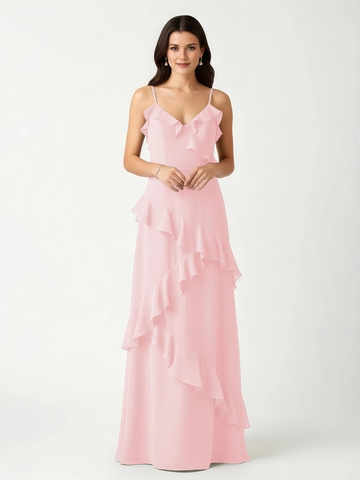 Spaghetti Strap V-Neck Asymmetrical Ruffle Chiffon Bridesmaid Maxi Dress