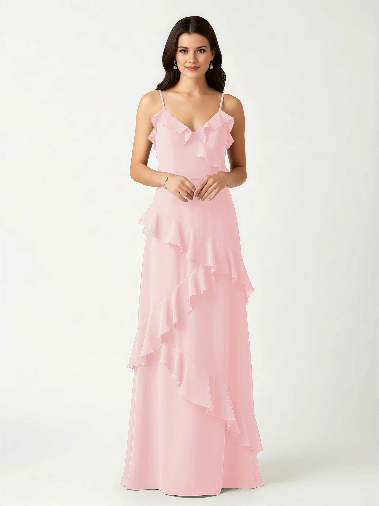 Vestido largo de dama de honor de chifón con cuello de pico, tirantes finos y volantes asimétricos