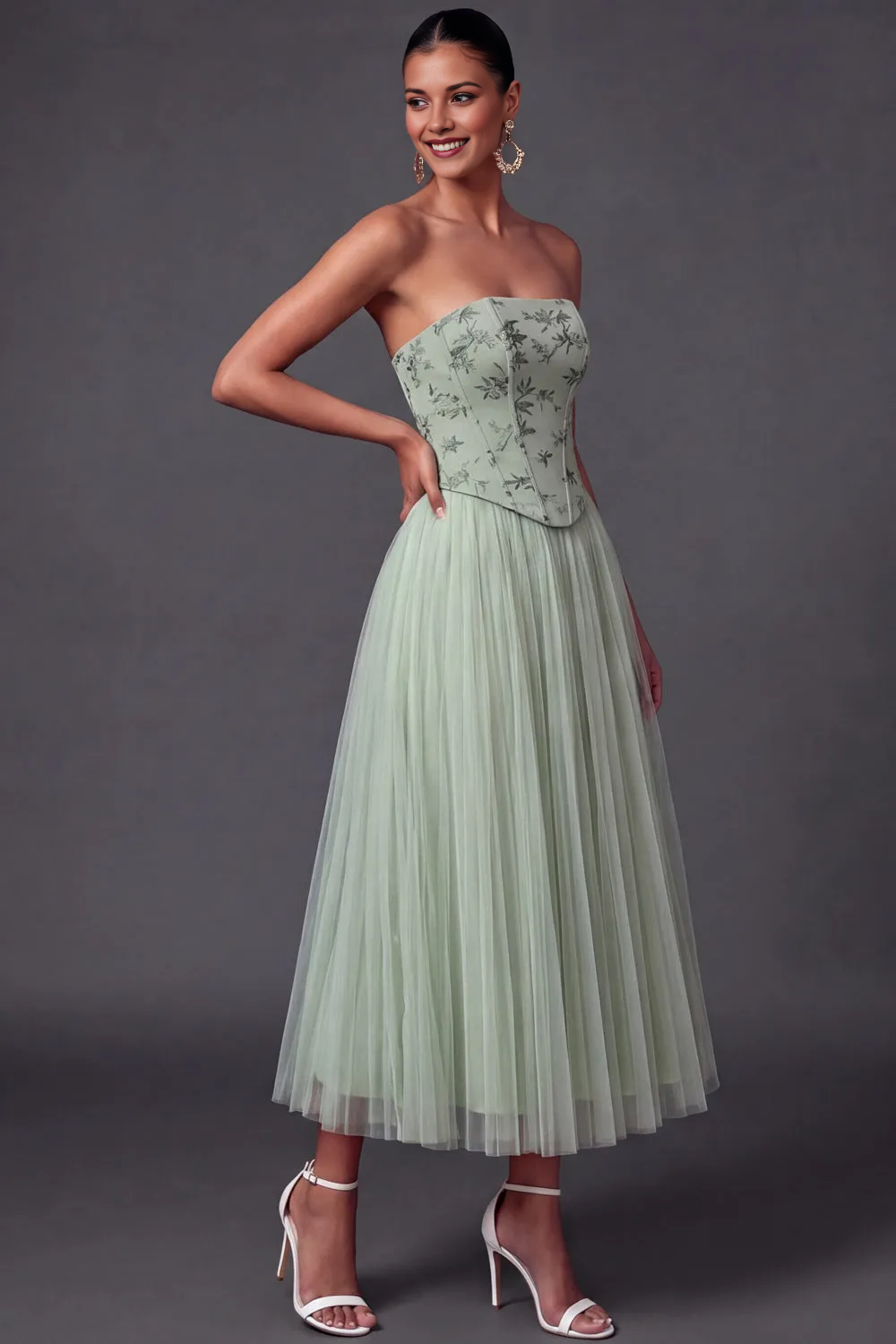 Strapless Floral Embroidered Corset Bodice Pleated Tulle Midi Bridesmaid Formal Dress