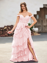 Off-the-Shoulder Lace Applique Tiered Tulle Evening Gown with High Slit - Formal Prom & Wedding Guest Dress