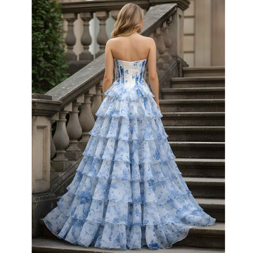Vestido de Noche de Tul Escalado con Estampado Floral sin Tirantes y Abertura Alta - Vestido de Corsé Formal para Fiesta de Graduación e Invitada de Boda