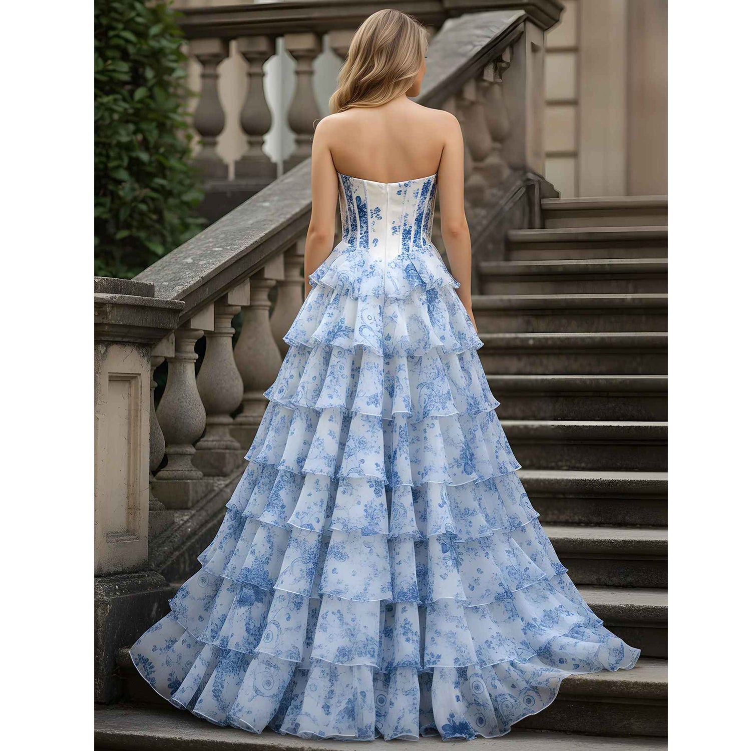 Vestido de Noche de Tul Escalado con Estampado Floral sin Tirantes y Abertura Alta - Vestido de Corsé Formal para Fiesta de Graduación e Invitada de Boda