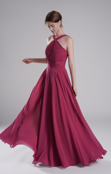 Romantic A-Line Halter Neck Sleeveless Open Back Floor-Length Chiffon Bridesmaid Gown Wedding Guest Dresses